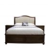 hardwood bed with fabric headboard and decorative buttoning