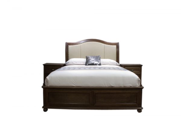 hardwood bed with fabric headboard and decorative buttoning