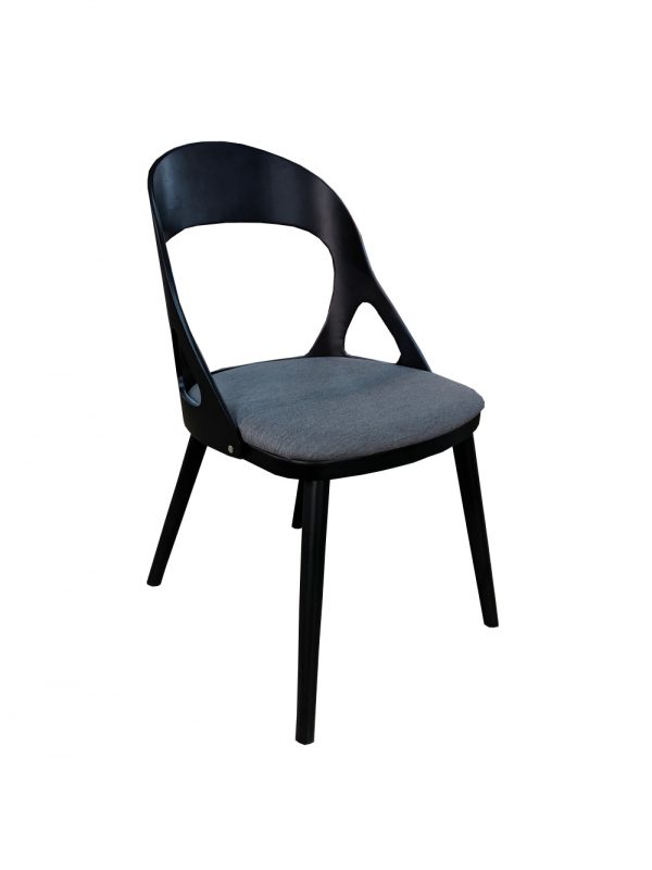 dining chair black timber with grey fabric cushion seat