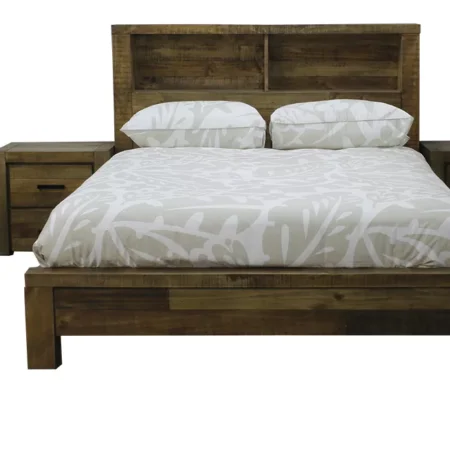 Rustic finish hardwood queen bed with open shelves