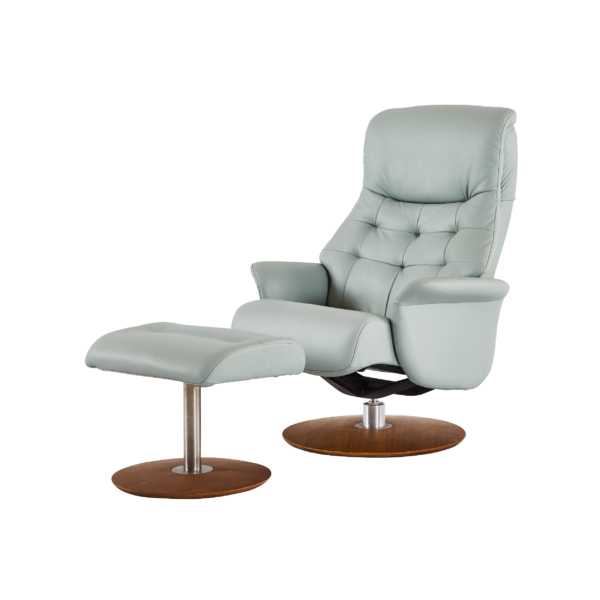 chair with buttons light blue with a foot stool