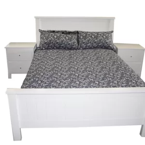 white double bed blue linen