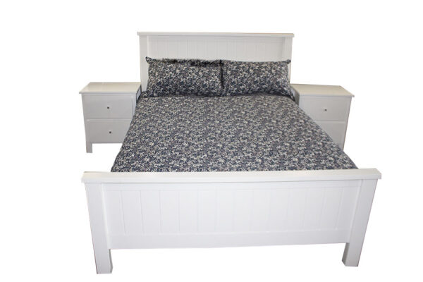 white double bed blue linen