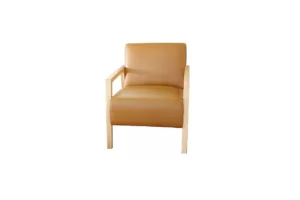 tan leather chair with timber arms