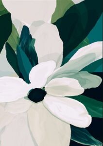 print of large flowers white soft green