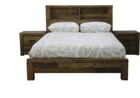 Rustic finish hardwood queen bed with open shelves