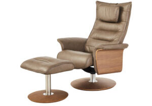 reclining tan colour leather chair with matching foot stool